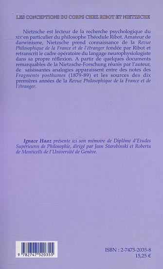 LES CONCEPTIONS DU CORPS CHEZ RIBOT ET NIETZSCHE (9782747520355-back-cover)