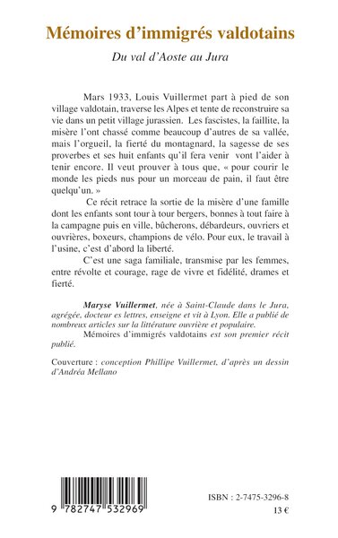 MÉMOIRES D'IMMIGRÉS VALDOTAINS, Du val d'Aoste au Jura (9782747532969-back-cover)