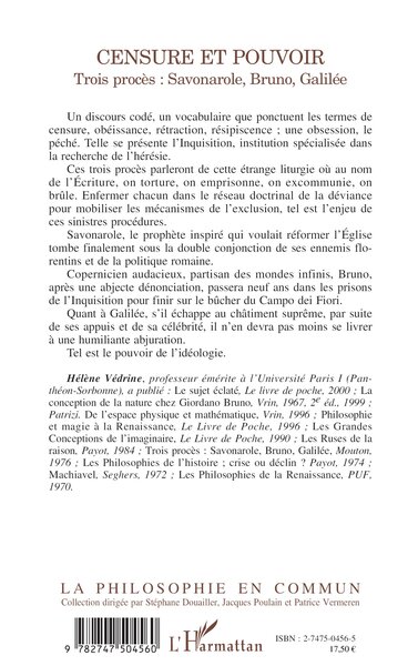 CENSURE ET POUVOIR, Trois procès : Savonarole, Bruno, Galilée (9782747504560-back-cover)