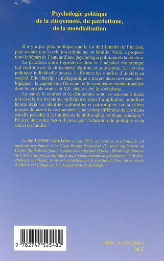 PSYCHOLOGIE POLITIQUE DE LA CITOYENNETÉ, DU PATRIOTISME,DE LA MONDIALISATION, Sept études critiques (9782747525480-back-cover)