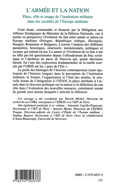 L'ARMÉE ET LA NATION, Place, rôle et image de l'institution militaire dans les sociétés de l'Europe médiane (9782747505376-back-cover)