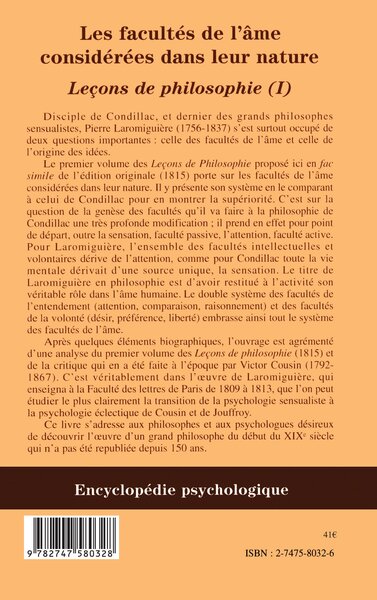 Les facultés de l'âme considérées dans leur nature, Leçons de philosophie (I) (9782747580328-back-cover)