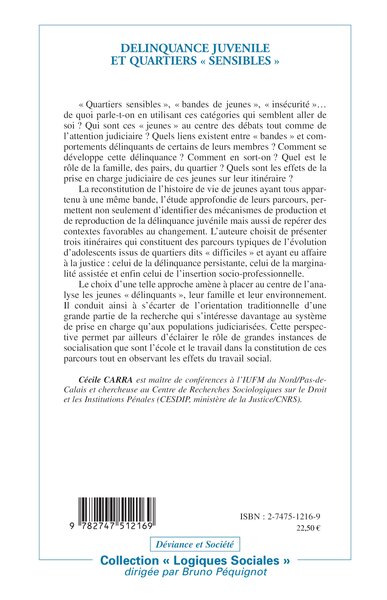 DÉLINQUANCE JUVÉNILE ET QUARTIERS " SENSIBLES ", Histoires de vie (9782747512169-back-cover)