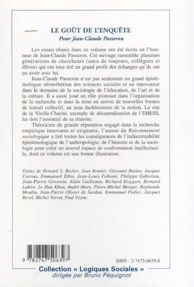 LE GOÛT DE L'ENQUÊTE, Pour Jean-Claude Passeron (9782747506397-back-cover)