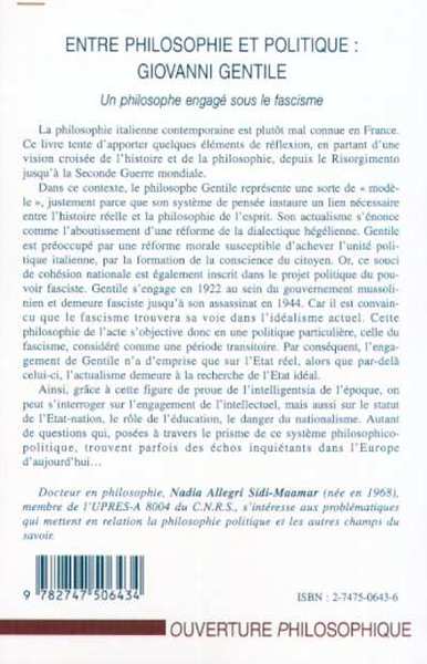 ENTRE PHILOSOPHIE ET POLITIQUE : GIOVANNI GENTILE, Un philosophe engagé sou le fascisme (9782747506434-back-cover)