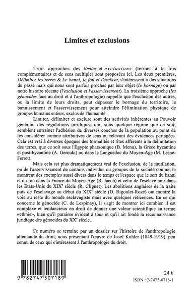 Droit et Cultures, LIMITES ET EXCLUSIONS / DOSSIER : L'UVRE DE JOSEF KOHLER (9782747507189-back-cover)
