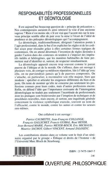 RESPONSABILITÉS PROFESSIONNELLES ET DÉONTOLOGIE, Les limites éthiques de l'efficacité (9782747518475-back-cover)