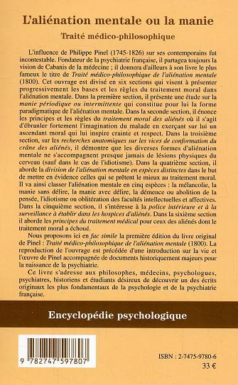 L'aliénation mentale ou la manie, Traité médico-philosophique (9782747597807-back-cover)