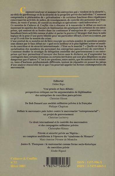 Cultures et Conflits, Les entreprises para-privées de coercition, de nouveaux mercenaires ? (9782747560658-back-cover)