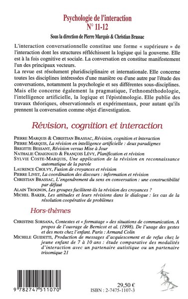 Psychologie de l'interaction, REVISION, COGNITION ET INTERACTION (n°11-12) (9782747511070-back-cover)