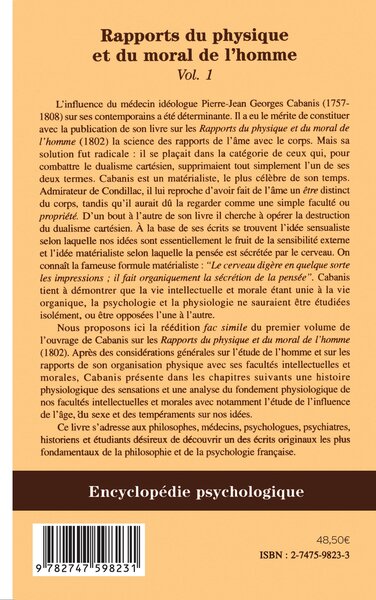 Rapports du physique et du moral de l'homme, Vol. 1 (9782747598231-back-cover)