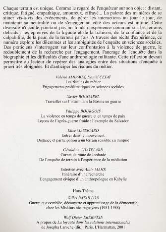 Cultures et Conflits, LES RISQUES DU MÉTIER, Engagements problématiques en sciences sociales (9782747534321-back-cover)