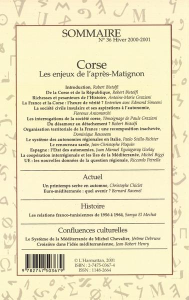 Confluences Méditerranée, Corse, Enjeux de l'après-Matignon (9782747503679-back-cover)