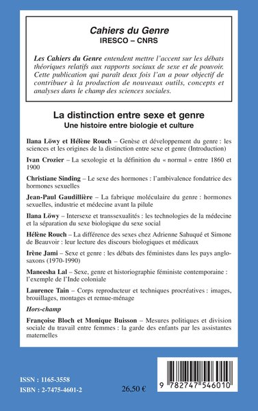 Cahiers du Genre, La distinction entre sexe et genre, Une histoire entre biologie et culture (9782747546010-back-cover)