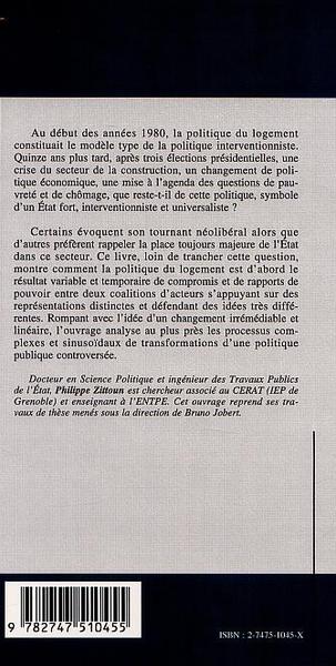 LA POLITIQUE DU LOGEMENT 1981-1995 Transformations d'une politique publique controversée (9782747510455-back-cover)