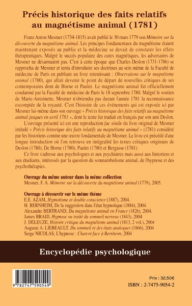 Précis historique des faits relatifs au magnétisme animal (1781) (9782747590549-back-cover)