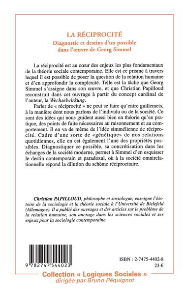 La réciprocité, Diagnostic et destins d'un possible dans l'uvre de Georg Simmel (9782747544023-back-cover)