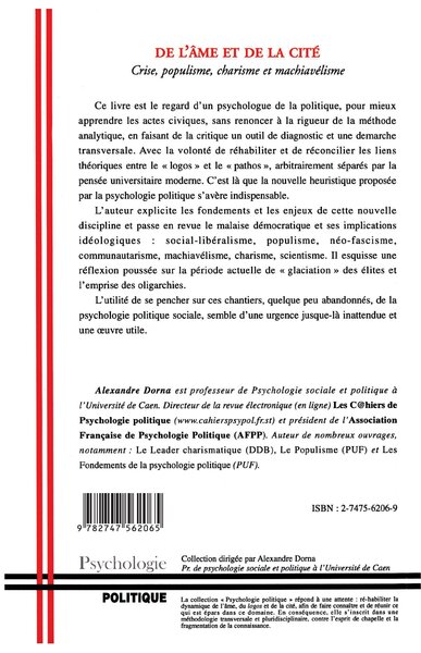 De l'âme et de la cité, Crise, populisme, charisme et machiavélisme (9782747562065-back-cover)