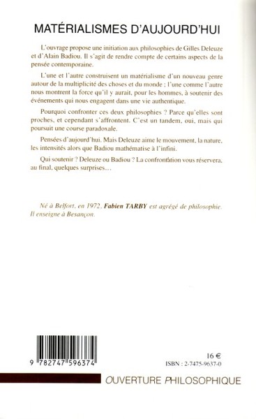 Matérialismes d'aujourd'hui, De Deleuze à Badiou (9782747596374-back-cover)