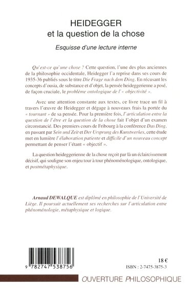 HEIDEGGER ET LA QUESTION DE LA CHOSE, Esquisse d'une lecture interne (9782747538756-back-cover)