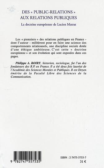 Des "public-relations" aux relations publiques, La doctrine européenne de Lucien Matrat (9782747557535-back-cover)
