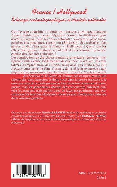 FRANCE/HOLLYWOOD, Echanges cinématographiques et identités nationales (9782747527927-back-cover)