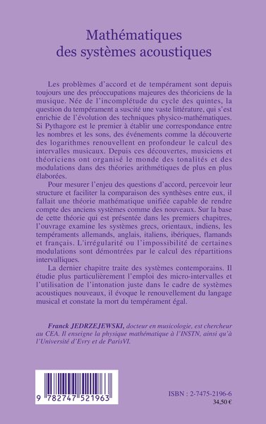 MATHÉMATIQUES DES SYSTÈMES ACOUSTIQUES, Tempéraments et modèles contemporains (9782747521963-back-cover)