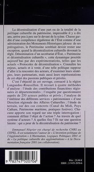 PATRIMOINE CULTUREL ET DÉCENTRALISATION, Une étude en Languedoc-Roussillon (9782747520706-back-cover)