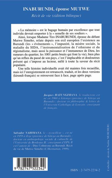 Inaburundi, épouse Mutwe, Récit de vie (édition bilingue) (9782747522342-back-cover)