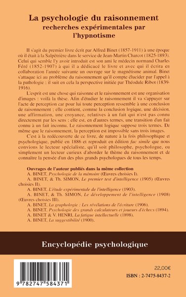 La psychologie du raisonnement, Recherches expérimentales par l'hypnotisme (9782747584371-back-cover)