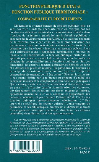 Fonction publique d'Etat et fonction publique territoriale, Comparabilité et recrutements (9782747563635-back-cover)