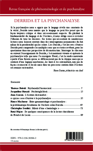 Derrida et la psychanalyse, Textes recueillis par l'Association des psychologues cliniciens de Lille 3 (9782336303062-back-cover)