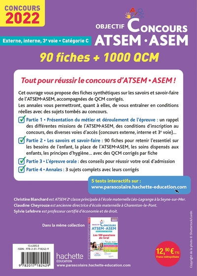 Objectif  Concours ATSEM - ASEM 2022: 90 fiches et 1 000 QCM (9782017182429-back-cover)