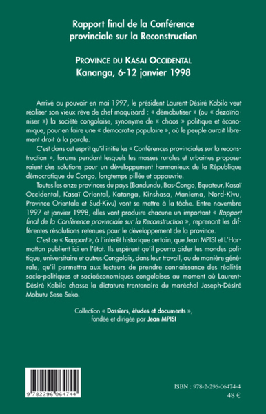 Rapport final de la Conférence provinciale sur la Reconstruction (kasai occidental), Province du Kasai Occidental - Kananga, 6-1 (9782296064744-back-cover)