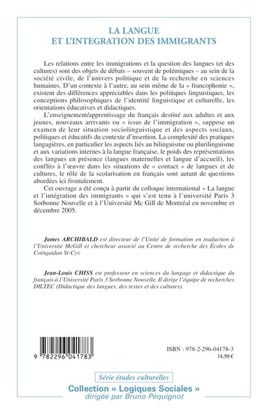 La langue et l'intégration des immigrants, Sociolinguistique, politiques linguistiques, didactique (9782296041783-back-cover)