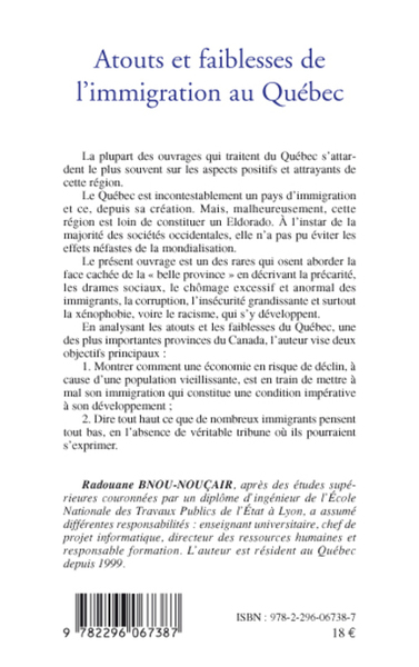 Atouts et faiblesses de l'immigration au Québec (9782296067387-back-cover)