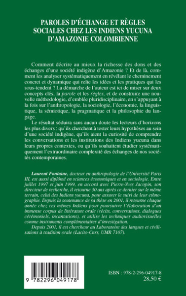 Paroles d'échange et règles sociales chez les indiens Yucuna d'Amazonie colombienne (9782296049178-back-cover)