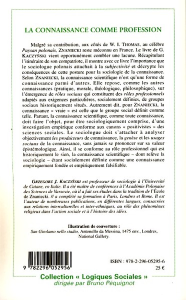 Connaissance comme profession, La démarche sociologique de Florian Znaniecki (9782296052956-back-cover)