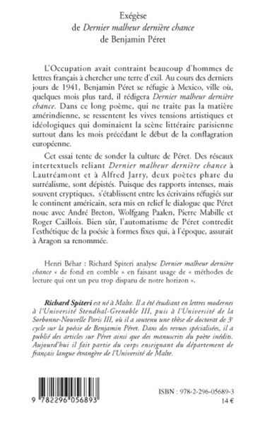 Exégèse de "Dernier malheur dernière chance" de Benjamin Péret (9782296056893-back-cover)
