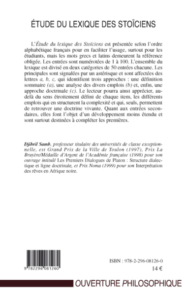 Etude du lexique des stoïciens (9782296081260-back-cover)