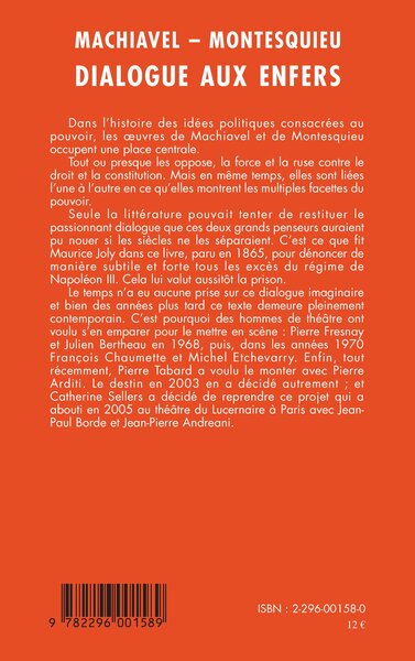 Machiavel-Montequieu, Dialogue aux enfers (9782296001589-back-cover)