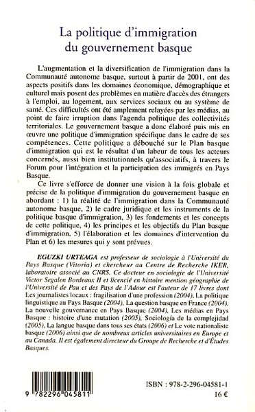 La politique d'immigration du gouvernement basque (9782296045811-back-cover)
