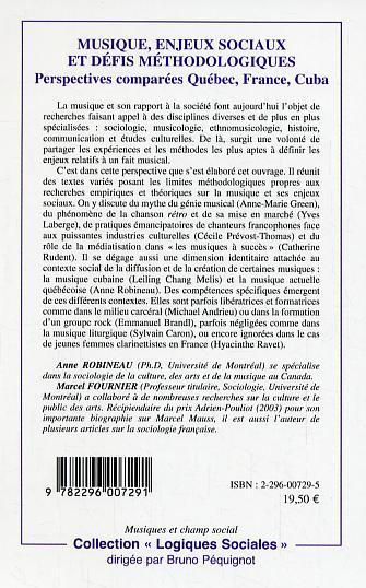 Musique, enjeux sociaux et défis méthodologiques, Perspectives comparées Québec, France, Cuba (9782296007291-back-cover)