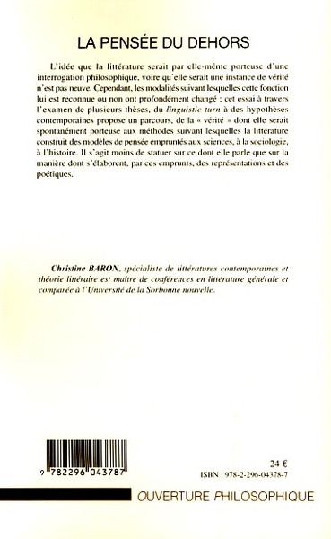 La pensée du dehors, Littérature, philosophie, épistémologie (9782296043787-back-cover)