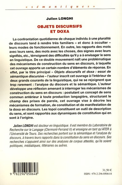 Objets discursifs et doxa, Essai de sémantique discursive (9782296050648-back-cover)