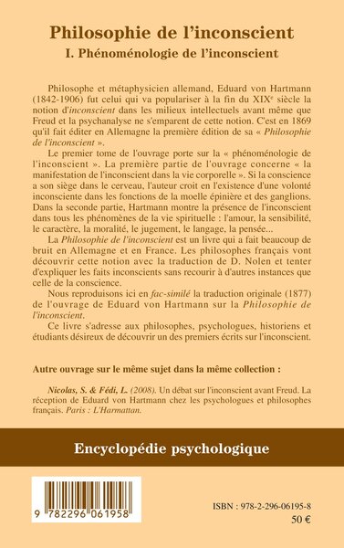 Philosophie de l'inconscient, I. Phénoménologie de l'inconscient (9782296061958-back-cover)