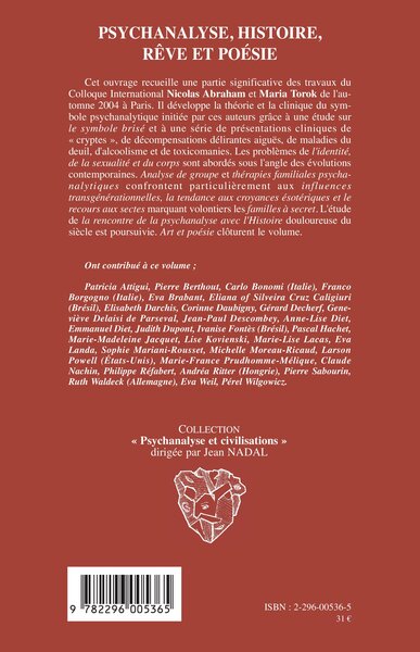 Psychanalyse, histoire, rêve et poésie, Travaux de l'Association européenne Nicolas Abraham et Maria Torok (9782296005365-back-cover)