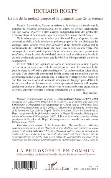 Richard Rorty, La fin de la métaphysique et la pragmatique de la science (9782296044913-back-cover)