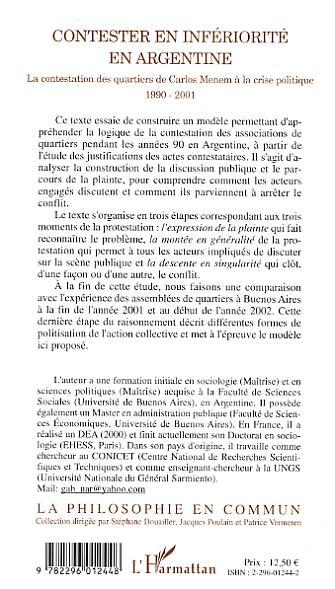 Contester en infériorité en Argentine, La contestation des quartiers, de Carlos Menem à la crise politique 1990-2001 (9782296012448-back-cover)