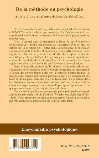 De la méthode en psychologie, Suivie d'une analyse critique de Schelling (9782296097179-back-cover)